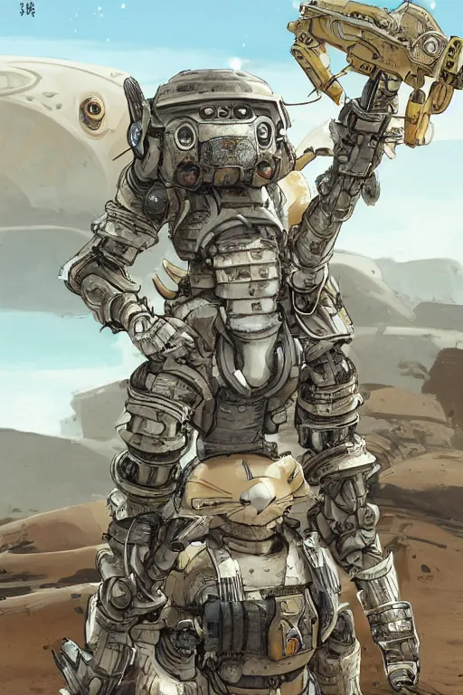 Image similar to anthropomorphic rodent with white and black ancestral ornate japanese tactical gear on an abandonment desert planet, high intricate details, long shot, rule of thirds, golden ratio, graphic novel by fiona staples and dustin nguyen, by beaststars and orange, peter elson, alan bean, studio ghibli, makoto shinkai