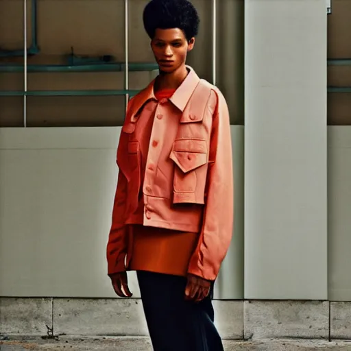 Image similar to realistic photoshooting for a new balenciaga lookbook color film photography of a beautiful woman model, model wears a workwear jacket, photo in style of tyler mitchell, ssense