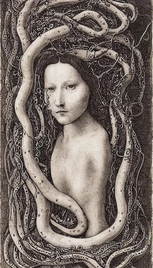 Prompt: very detailed portrait of a 2 0 years old girl surrounded by tentacles, the youg woman visage is blooming from fractal and vines, by leonardo da vinci