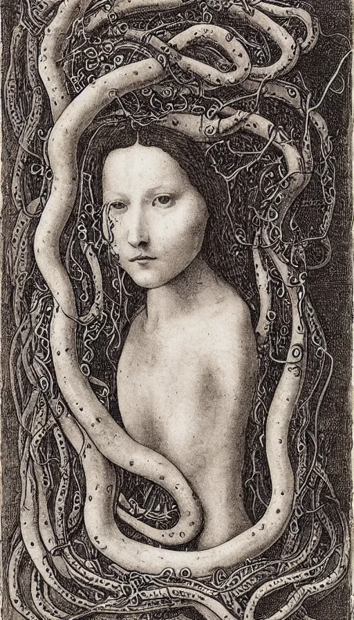 Image similar to very detailed portrait of a 2 0 years old girl surrounded by tentacles, the youg woman visage is blooming from fractal and vines, by leonardo da vinci