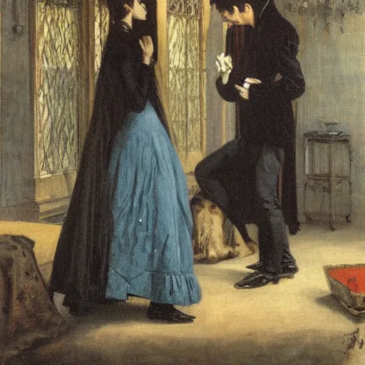 Image similar to Vampiric Good Morning in the style of Auguste Toulmouche, oil on canvas, 1885