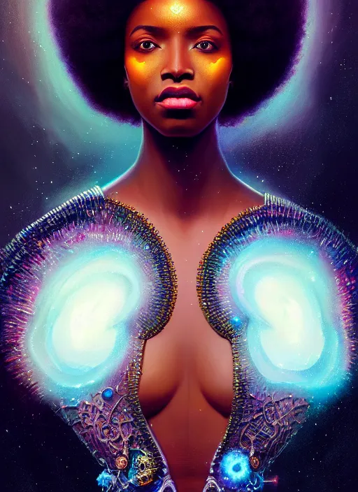 Prompt: portrait of young black woman with glowing crown jewels, afro - futurist style, intricate, elegant, exploding nebulae, highly detailed, digital painting, artstation, concept art, smooth, sharp focus, illustration, art by wlop, mars ravelo and greg rutkowski