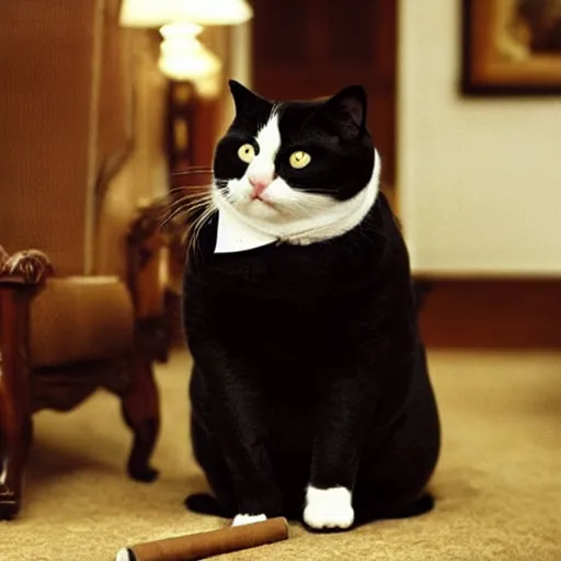 Image similar to a very fat and judgmental cat wearing a full tuxedo, smoking a cigar, sitting in a dimly lit parlor lounge, photograph!