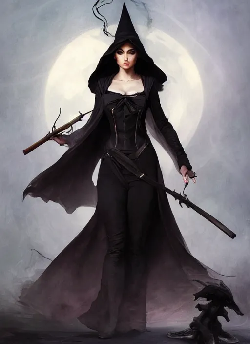 Image similar to character concept portrait of anna de armas as a witch with a big black pointy hat casting a spell, a floating burning love potion in the center, intricate, elegant, digital painting, concept art, smooth, sharp focus, illustration, from Metal Gear, by Ruan Jia and Mandy Jurgens and William-Adolphe Bouguereau, Artgerm