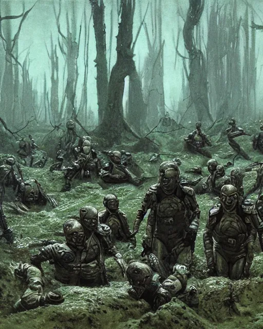 Image similar to group of sardaukar soldiers in a chlorine swamp, green hour, retrofuturism sci - fi old movie, highly detailed, photorealistic, 8 k, by beksinski and stalenhag