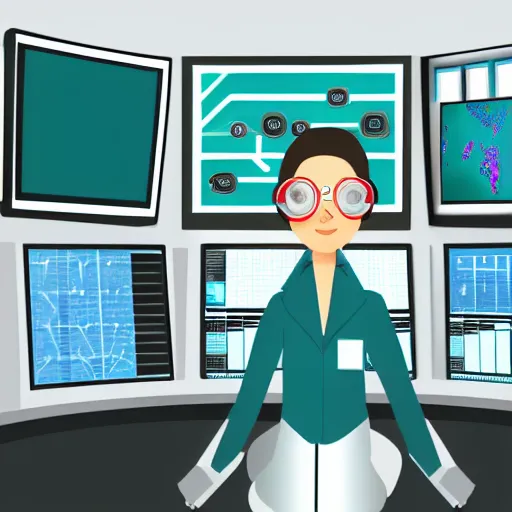 Image similar to a female scientist sitting in the control room,watching the graphics on the panel,digital art,trending on artstatiion