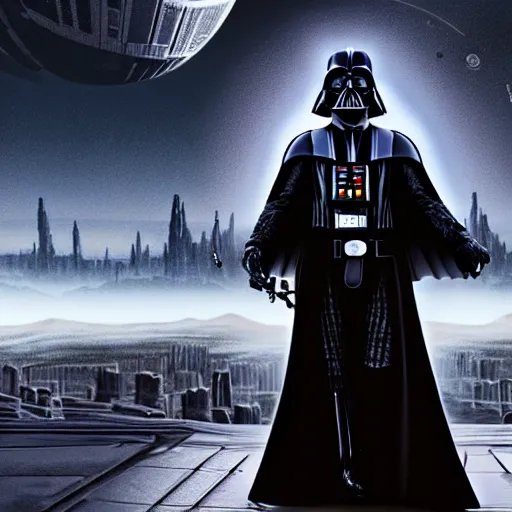 Image similar to an extremely detailed Darth vader standing portrait in front of a highly detailed landscape of a big and structured city inpired by Star Wars, portal to outer space, digital art, 8k, disney render, disney