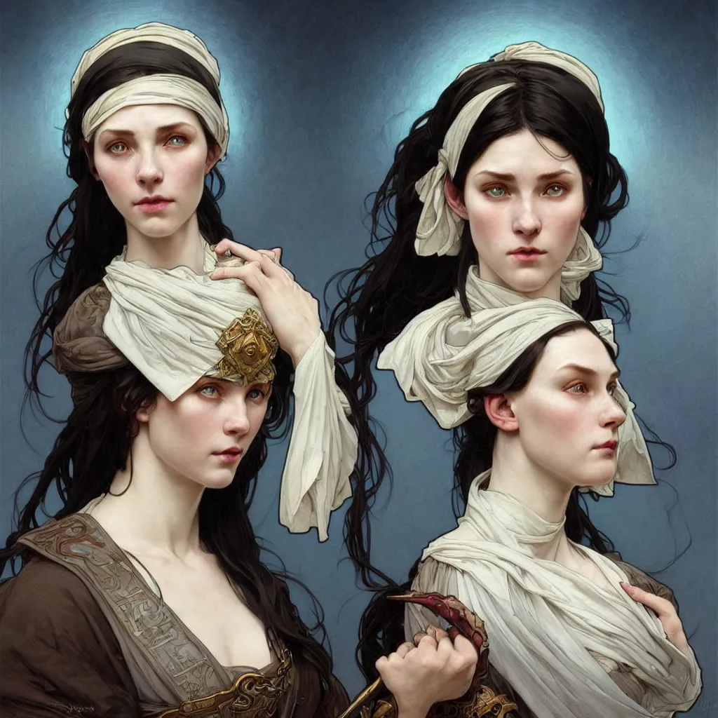 Image similar to Portrait of female cleric with kerchief covering her ears. Blue eyes, black hair, porcelain skin, full lips, high slanted cheekbones. Fantasy art by artgerm and greg rutkowski and alphonse mucha, intricate, elegant, highly detailed, dramatic lighting, digital painting, concept art, illustration, award winning on artstation, D&D, AD&D.