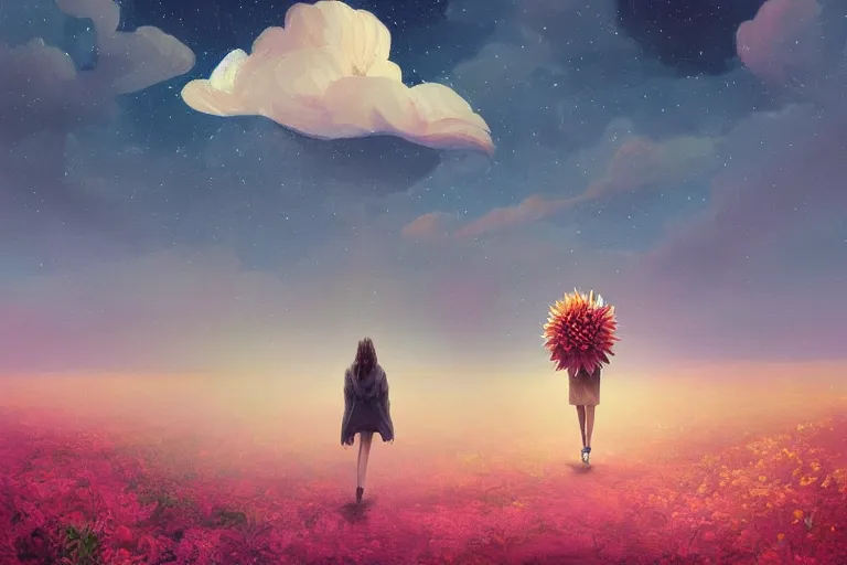 Image similar to giant dahlia flower as a head, girl walking on mountain, surreal photography, stars, dramatic light, impressionist painting, storm clouds, digital painting, artstation, simon stalenhag