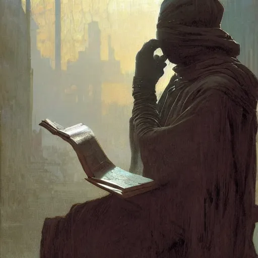 Prompt: half portait of magican wearing a closed cowl holding a big old book!, jeremy mann, jean leon gerome, alphonse mucha, greg rutkowski, hood covers his eyes, chains on his wrist, ( ( ruins of ancient rome ) ), at dusk, mysterious atmosphere, sunrays, dof, masterpiece, high detailed, 8 k