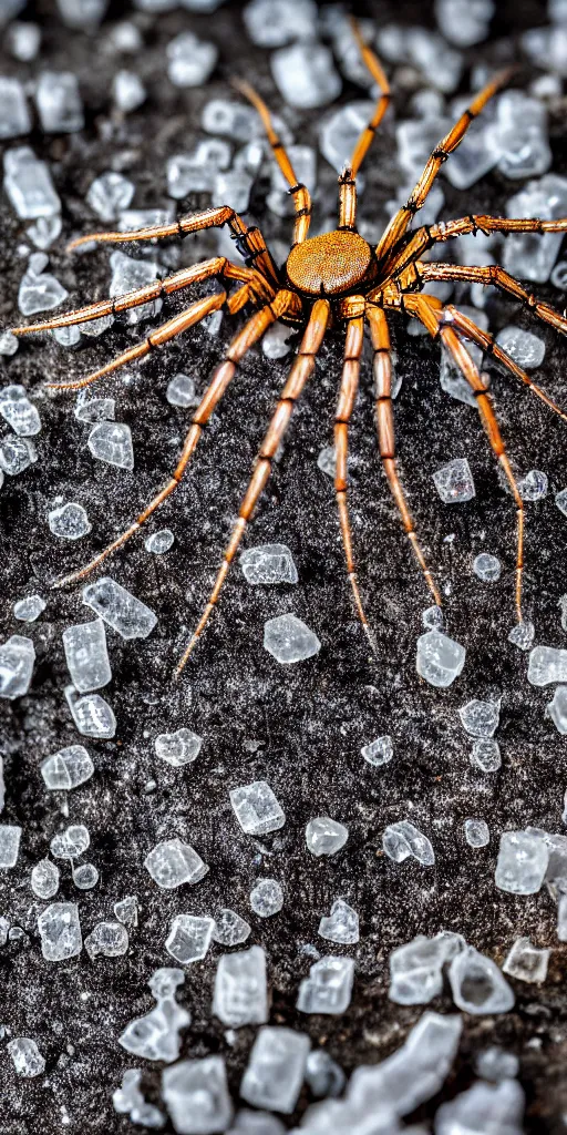 Image similar to professional photo shot of an alien spider made of silica crystal spikes, melted with rocks in the background, microscopic picture, grimy, gritty, trending on artstation, award winning, close shot, by aleks labuda and barry webb
