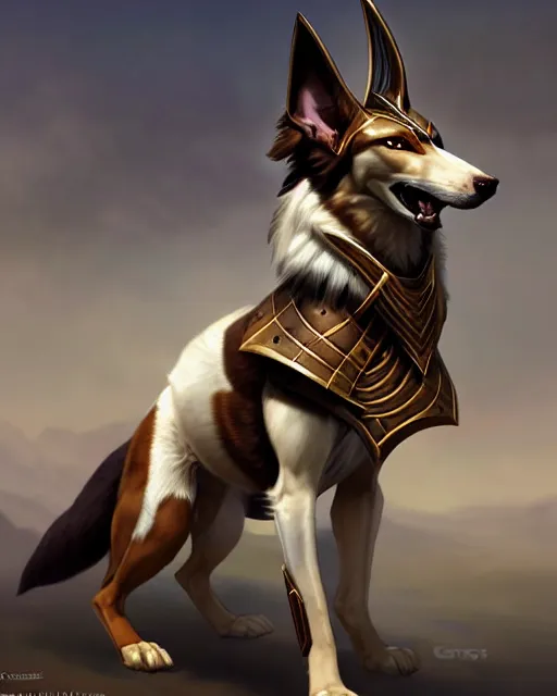 Image similar to nasus the armored egyptian anubis white and brown border collie warrior from videogame league of legends the armored egyptian collie warrior with the face of a white and brown border collie, full body armor, in action attack pose, highly detailed, artstation, cinematic character, by greg rutkowski and charlie bowater