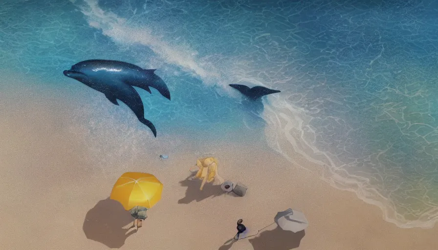 Image similar to craig mullins and ghibli digital illustration of, a dolphin in the blue dotted water, modern beach ， many umbrellas, white waves ， yellow gravel corals and schools of fish unreal engine, hyper realism, realistic shading, cinematic composition, realistic render, octane render, detailed textures, photorealistic, wide shot