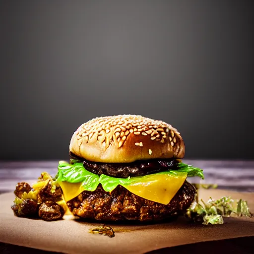 Prompt: juicy hamburger with crispy buns with pineapple topping, 8 k resolution, food photography, studio lighting, sharp focus, hyper - detailed