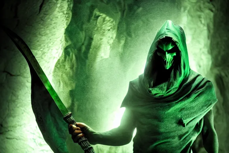 Image similar to vfx film, soul reaver, raziel irl, price of persia movie, missing jaw, hero pose, devouring magic souls, scarf, hood, glowing green soul blade, in epic ancient sacred huge cave temple, flat color profile low - key lighting award winning photography arri alexa cinematography, hyper real photorealistic cinematic beautiful, atmospheric cool colorgrade