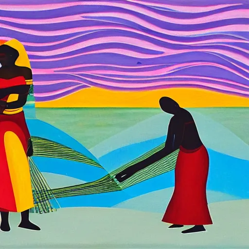 Prompt: two African Women weaving a net by the ocean as the tide comes in , high quality art in the style of cubism and georgia o’keefe,