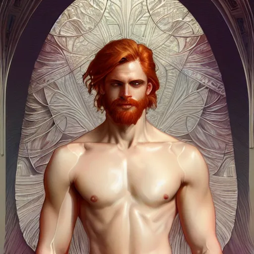 Prompt: beautiful natural male ginger angel wearing a white loincloth, intricate, elegant, highly detailed, digital painting, artstation, concept art, smooth, sharp focus, illustration, art by artgerm and greg rutkowski and alphonse mucha and loish and WLOP