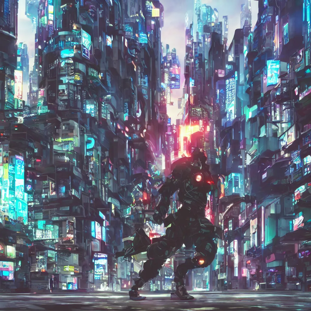Image similar to a cyberpunk soldier running in full speed in a cyberpunk city, anime
