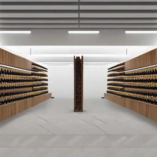 Prompt: symmetry, parallel perspective with center end point, parallax mapping of brutalist shop, lots of wine bottles, octane render, high quality