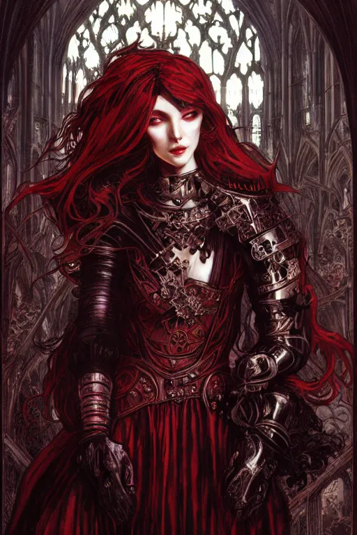 Image similar to beautiful luxury and gothic and victorian and evil medieval female reddish and black color armor knight portrait+smoky eyes+light flowing hair, in ruin gothic cathedral, ultradetail face, art and illustration by tian zi and craig mullins and WLOP and alphonse mucha, fantasy, intricate complexity, human structure, fantasy world concept, watermark, blurry, hyperrealism 8k