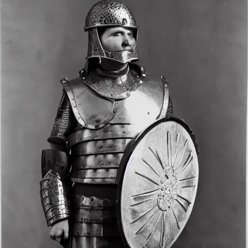 Prompt: photograph of a roman soldier wearing plate armor and holding tall oval shield