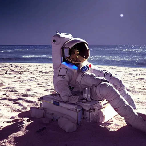 Image similar to an astronaut lounging in the beach, dramatic lighting, cinematic, extremly high detail, photorealistic, cinematic lighting, nasa footage