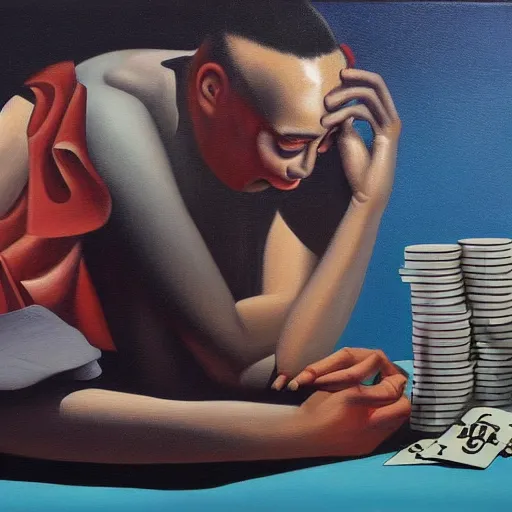 Image similar to a gamblers sorrow, surrealism, oil and acrylic on canvas, high detail