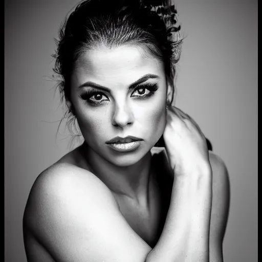 Prompt: portrait of adriana chechik, by paul barson and annie leibovitz, black and white photo, f 1. 8, soft lighting, high detail, 8 k