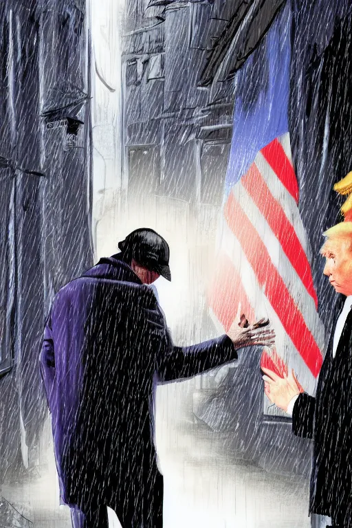 Image similar to digital art of donald trump buying drugs from vladimir putin in a dark raining city alleyway