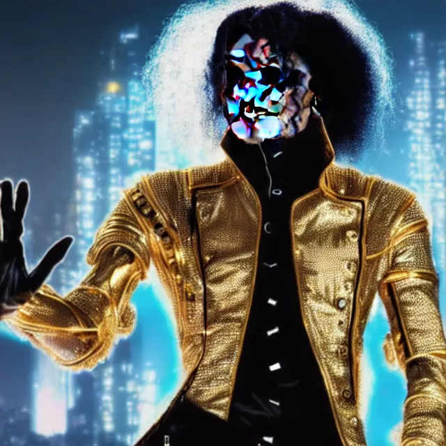 Image similar to beautiful!! futuristic cyberpunk michael jackson the devil. wearing super gem clothes, gold science fiction machinery, highly detailed 8 k hdr smooth sharp focus high resolution award - winning photo photorealistic