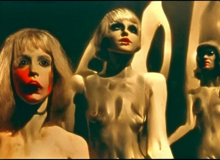 Image similar to wild underground scene from a 7 0's movie by chris cunningham, kenneth anger and alejandro jodorowsky : : surreal dream scene of actresses turning into mechanicall animals in a studio setting : : technicolor 4 k