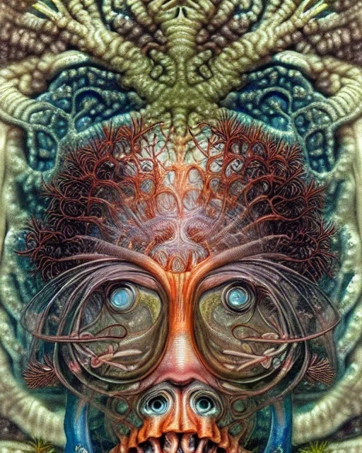 Prompt: hyperrealistic detailed underwater face portrait of the beautiful god of the fish with an intricate headgear of corals, sea kelp, sea plants, fish, starfish, jellyfish, art by ernst haeckel, hieronymus bosch, james jean, gothic, neo - gothic, ornamental, beautiful deep colours,