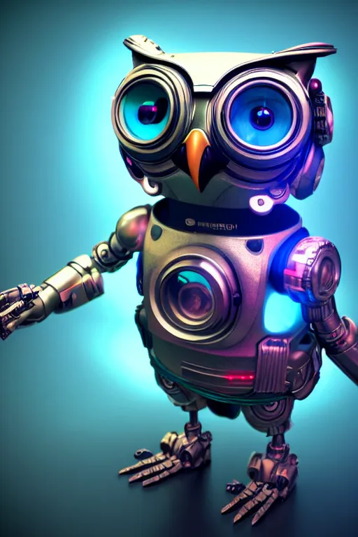 Image similar to high quality 3 d render very cute cyborg owl! with boombox!, cyberpunk highly detailed, unreal engine cinematic smooth, in the style of blade runner & detective pikachu, hannah yata charlie immer, moody light, low angle, uhd 8 k, sharp focus