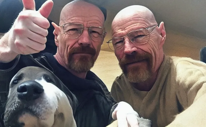 Prompt: walter white giving a thumbs up next to his dog, photo, selfie, trending, wholesome, supportive,