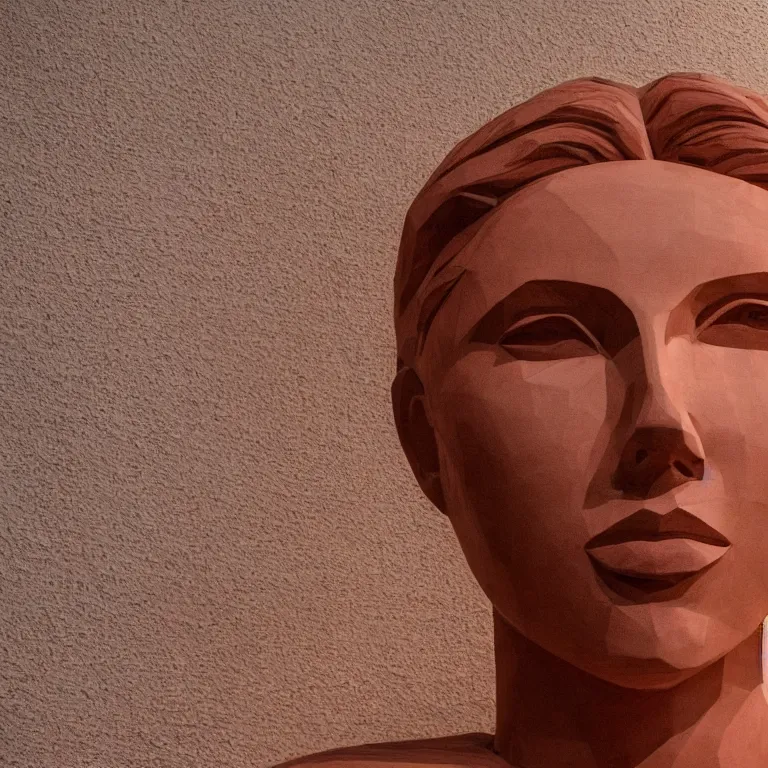 Image similar to 2 0 0 ft geometric minimalist accurate figurative sculpture of scarlett johansson, beautiful symmetrical!! face accurate face detailed face realistic proportions, hand - carved out of red oak wood on a pedestal by stephan balkenhol and martin puryear, cinematic lighting shocking detail 8 k