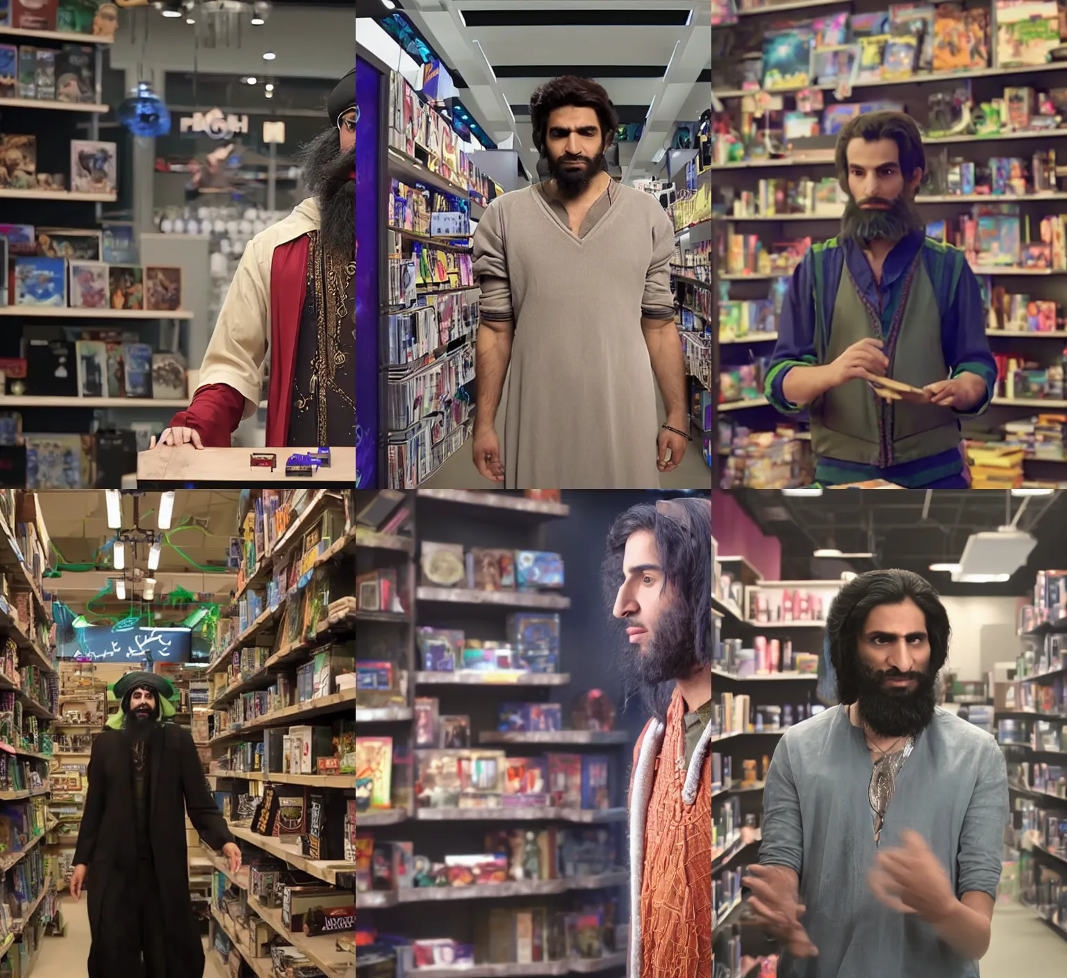 Prompt: Persian warlock in the tech store, still from a Disney Channel comedy, 2015 cinematography, VFX by Framestore