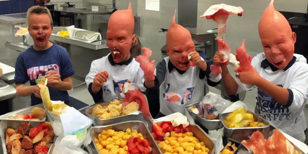 Prompt: cyclops coneheads school lunchroom food fight, detailed facial expressions