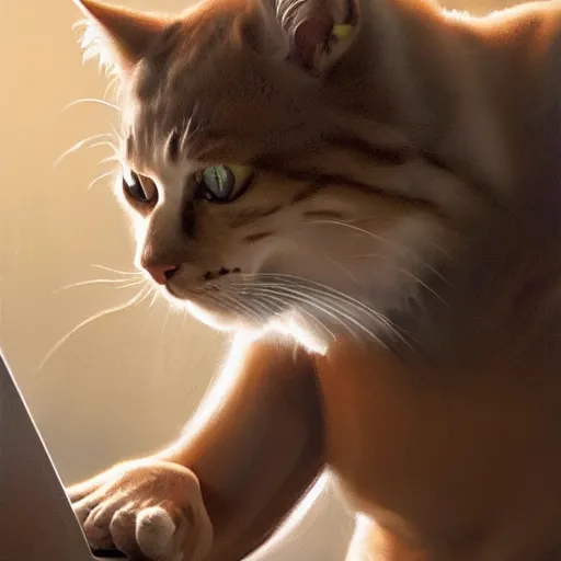 Prompt: anthropomorphic cat sitting in a chair using a laptop, painting, ifbb pro hyper muscular body, by greg rutkowski and igor kieryluk, photo realistic, dynamic lighting, artstation, poster, volumetric lighting, very detailed face, 8 k, award winning