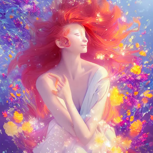 Prompt: Ginger woman in a swirling sundress of flowers, underwater, floral explosion, radiant light, vortex of plum petals, by WLOP and artgerm, artstation, deviantart
