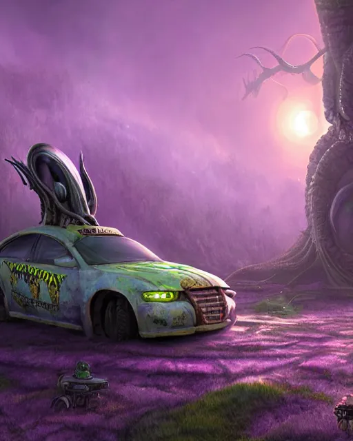 Image similar to xenomorph taxi car in a fantasy village, calming, uplifting mood, ultra realistic, farm, small buildings, highly detailed, atmosphere, violet planet in the sky, masterpiece, epic lighting, elves, green plants, magic, illuminated, 4 k, cinematic, morning sun, art by eddie mendoza