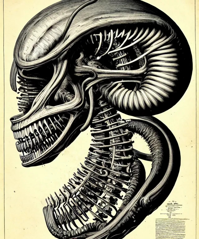 Prompt: hyper-detailed antique medical illustration of Kaiju head crosssection, nautilus brain, ribcage, xenomorph, symmetrical