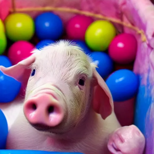 Image similar to infant riding on the back of a pig in a ball pit