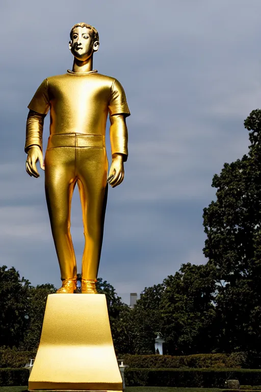 Prompt: A beautiful gold statue of Mark Zuckerberg in front of the White House, photo by Steve McCurry, heroic pose, detailed, smooth, smiling, professional photographer