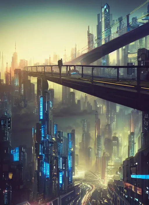 Image similar to a man standing on top of a bridge over a city, cyberpunk art by Vincent Lefevre, behance contest winner, altermodern, cityscape, synthwave, matte painting