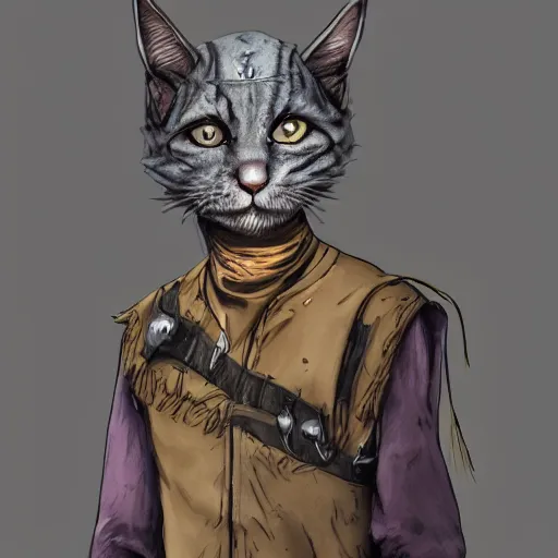 Image similar to dirty homeless humanoid cat wearing rags, concept art, d & d, fantasy, trending on artstation