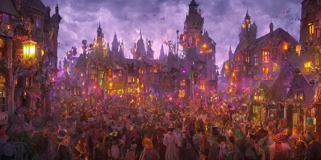 Image similar to a bustling magical town with witches and black cats dancing around a colorful music festival in its center, inspired by victorian england and amsterdam, highly detailed, intricate, digital painting, trending on artstation, concept art, matte painting, art by greg rutkwowski, craig mullins, octane render, 8 k, unreal engine