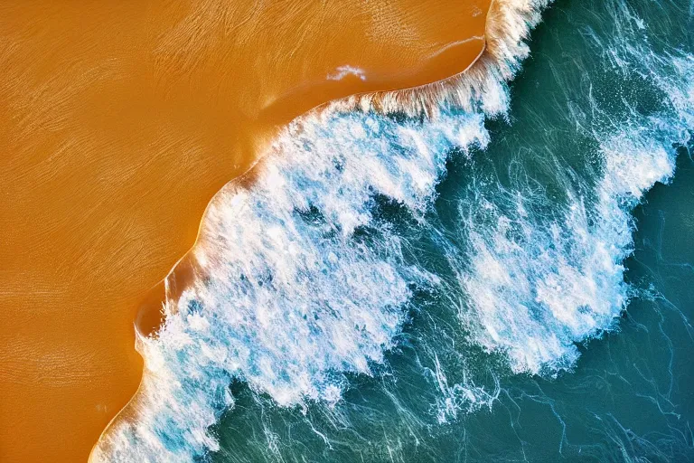 Prompt: an overhead view of a wave crashing onto a beach, vibrant colors, digital art