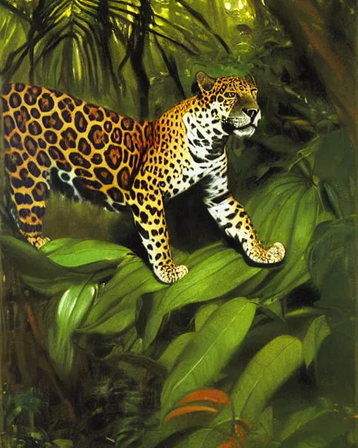 Image similar to Jaguar in a dark misty jungle, painted by John Singer Sargent