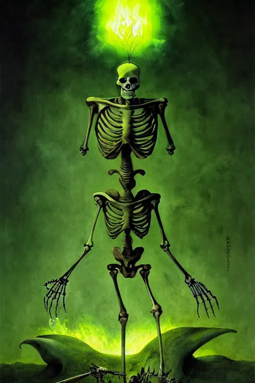 Image similar to hieronymus bosch, greg rutkowski, anna podedworna, painting of a skeleton wizard burning with green fire, green glowing runes, evil glow, light from cracks in ground