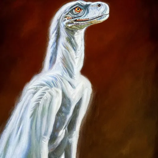 Image similar to oil painting of a velociraptor wearing a white wedding dress, atmospheric, beautiful, cinematic, detailed, fullbody portrait, 4 k, 8 k